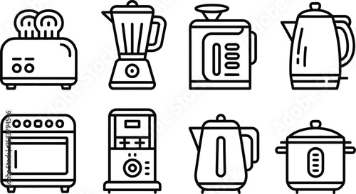 Illustration of kitchen appliances including toaster blender and electric kettle