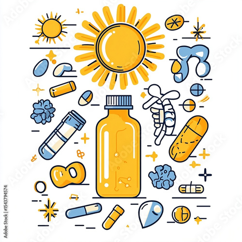 Vitamin D health benefits with sun, supplements, bones, immune support . Vector illustration