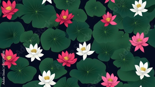 Vibrant Lotus Flowers Floating On Dark Water Leaves, Seamless Pattern Design Evoking Nature's Tranquility In Botanical Aesthetics