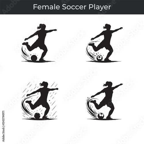 Dynamic black and white silhouettes of a female soccer player kicking the ball