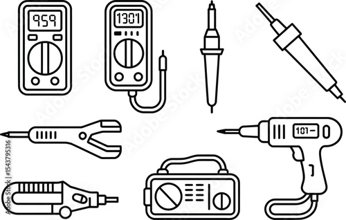 Illustration of various electrical and electronic tools in black outline