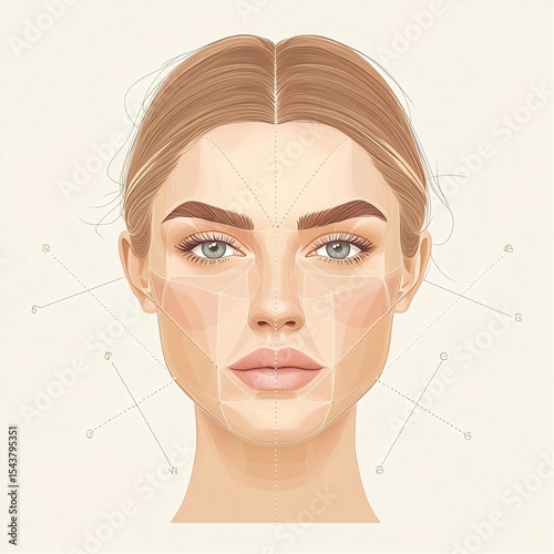 Facial symmetry and beauty proportions diagram of woman face illustration. Vector illustration