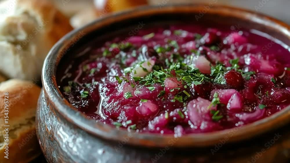A bowl of vibrant red borscht soup, garnished with fresh herbs, sits beside crusty bread.