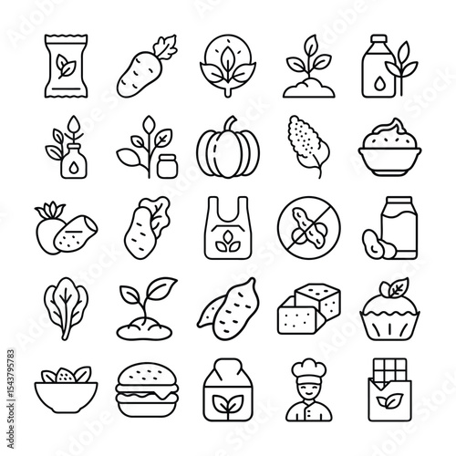 Collection of Organic Food and Gardening Icons in Outline Style on White Background