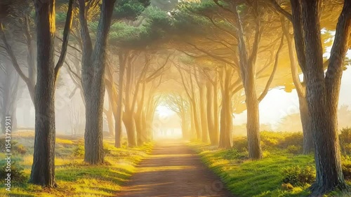 Sunlit path through a dense forest, bathed in golden morning light.