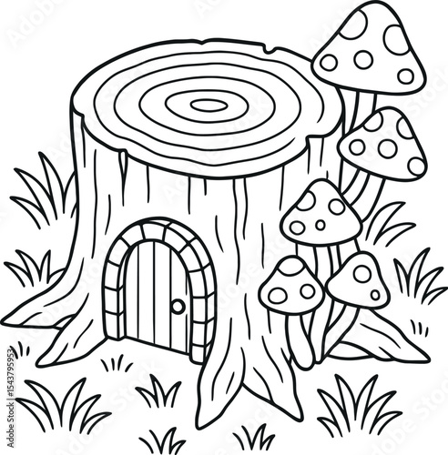 Cute tree stump house with mushrooms coloring page