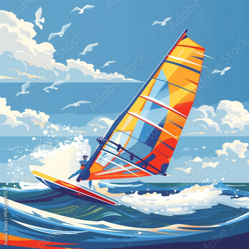 Colorful windsurfing action on ocean waves with seagulls flat vector design. Vector illustration