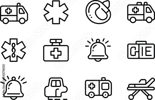 Depiction of emergency medical service icons in a minimalist line art style