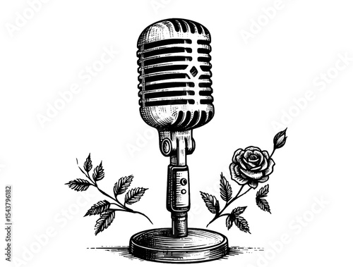 Flower podcast microphone classic vintage linework ink sketch hand drawn pen drawing vector illustration background