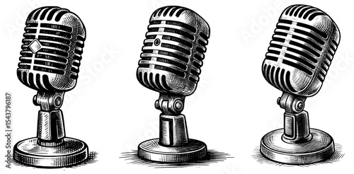 Mic Check Podcast microphone classic vintage linework ink sketch hand drawn pen drawing vector illustration background