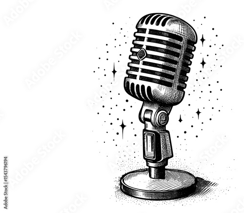 Studio Essential Podcast microphone classic vintage linework ink sketch hand drawn pen drawing vector illustration background