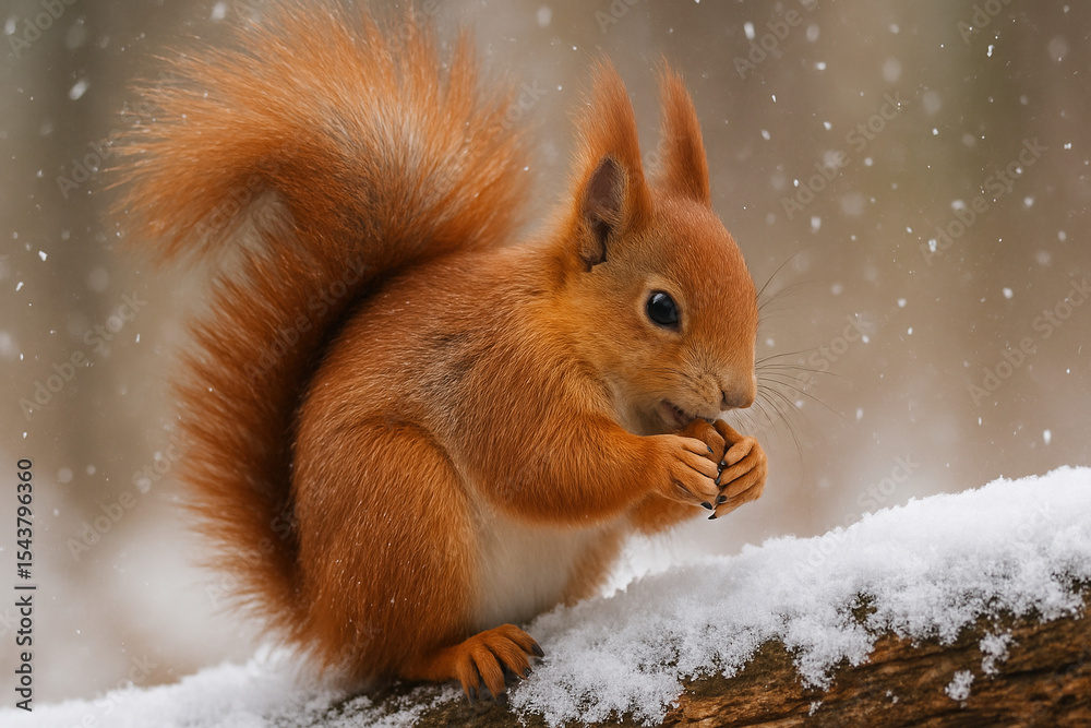 Close-up of a cute orange-red squirrel nibbling on a nut, perched on a snow-covered log, soft snowfall in the background Close-up of a cute orange-red squirrel nibbling on a nut, perched on a snow-covered log, soft snowfall in the background