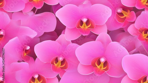 Vibrant Pink Orchid Flowers, Seamless Repeating Pattern, Elegant Floral Design, Tropical Beauty Depicted, Nature Inspired Background