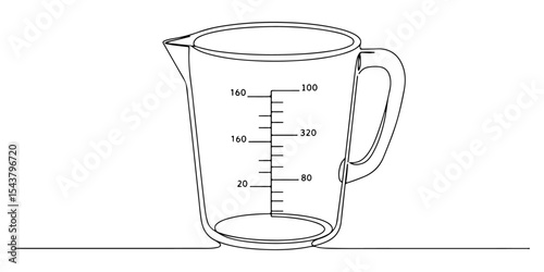 Continuous one line drawing of measuring cup with measurement lines, depicting accuracy and cooking, line art style vector illustration.