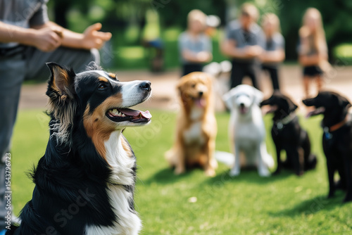 Professional dog trainer teaching obedience commands to a group of dogs in a park. Generative AI