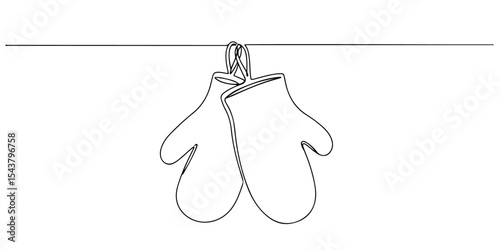 Continuous single line drawing of a pair of hanging oven mitts, depicting baking and safety, line art style vector illustration.
