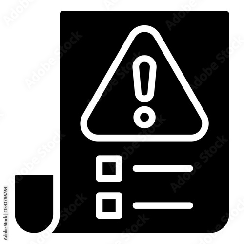 Alert Notice - Glyph Black Fill Silhouette Icon - document with checklist and alert triangle symbolizing official risk notice or report
