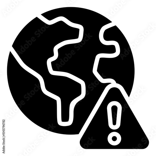 World Risk - Glyph Black Fill Silhouette Icon - globe with an alert triangle representing international risk, global danger, or crisis