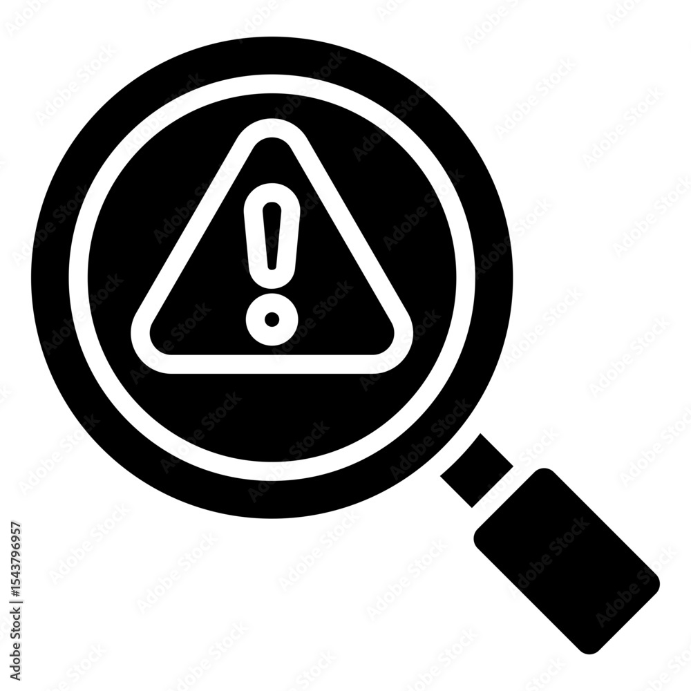 Risk Search - Glyph Black Fill Silhouette Icon - Magnifying glass over warning sign, illustrating risk identification or analysis Risk Search - Glyph Black Fill Silhouette Icon - Magnifying glass over warning sign, illustrating risk identification or analysis