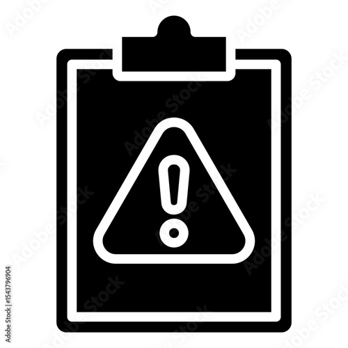 Report Alert - Glyph Black Fill Silhouette Icon - Clipboard with alert symbol, indicating critical information in reports
