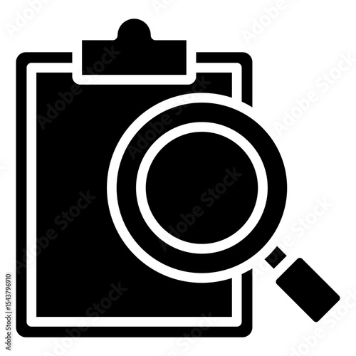Report Search - Glyph Black Fill Silhouette Icon - Clipboard with magnifying glass, indicating report analysis or audit search