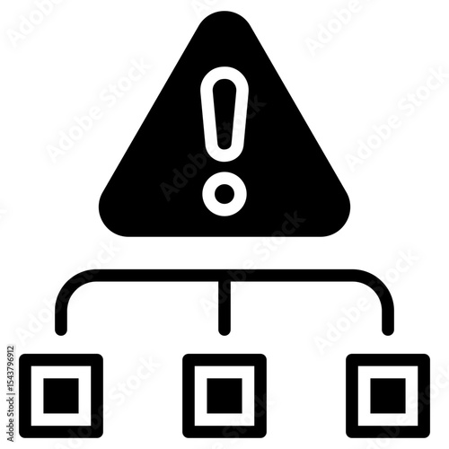 Network Risk - Glyph Black Fill Silhouette Icon - Alert sign above a network structure, representing system vulnerability or connection issues