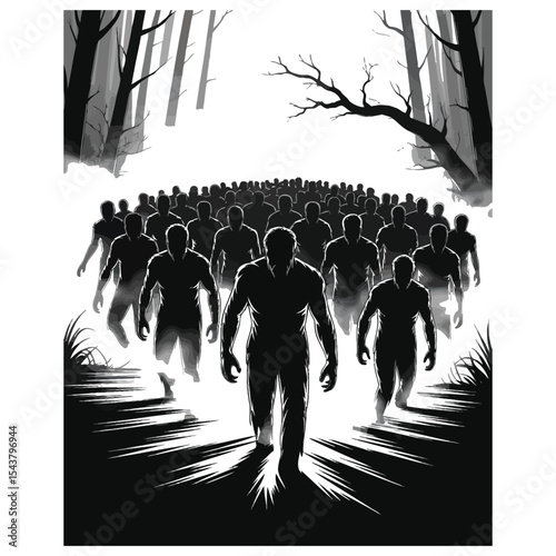 A zombie horde in silhouette approaching from a misty forest in black and white vector art