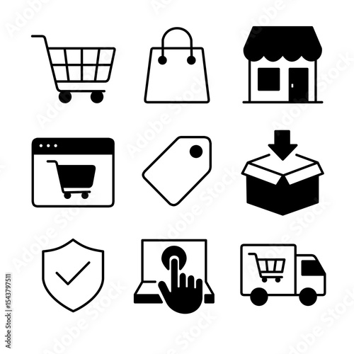 A set of minimalist e-commerce icons represents the digital shopping journey, from browsing and ordering to payment, packaging, and delivery, highlighting convenience, security, and modern retail.