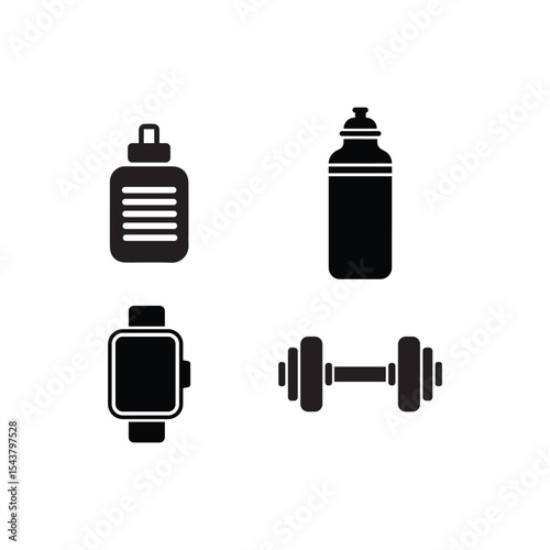 minimalist black and white icons of smartwatch, water bottle, dumbbell, and lotion bottle for fitness and wellness themes