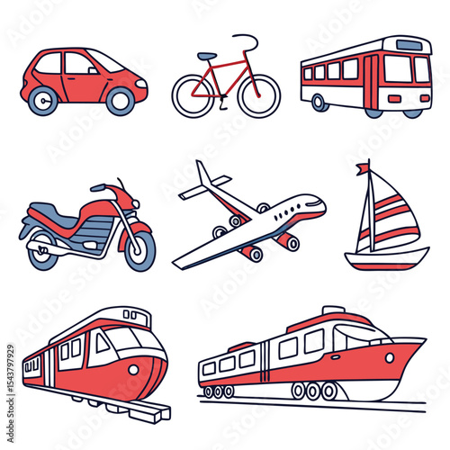 Illustration of various modes of transportation including car bicycle bus motorcycle airplane sailboat and trains