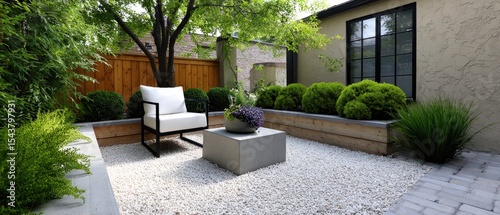 relaxing backyard garden concept. Outdoor space featuring a minimalist design with gravel, plants, and modern furniture.