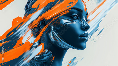 Abstract Portrait of Woman with Blue and Orange Brush Strokes

