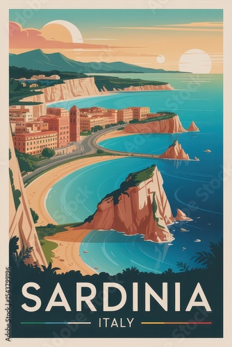 Sardinia Italy Retro Coastal Travel Poster with Cliffs and Seaside Architecture


