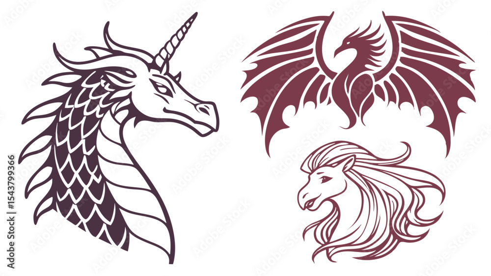 Obraz premium Illustration featuring a unicorn dragon and a horse with a dragon with spread wings design 100
