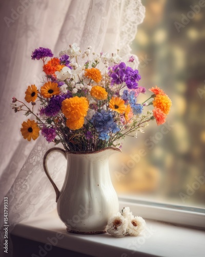 Vibrant Wildflower Bouquet in Vintage Pitcher on Windowsill