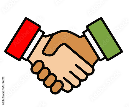 Stylized vector graphic of a handshake between two individuals, represented by different skin tones.