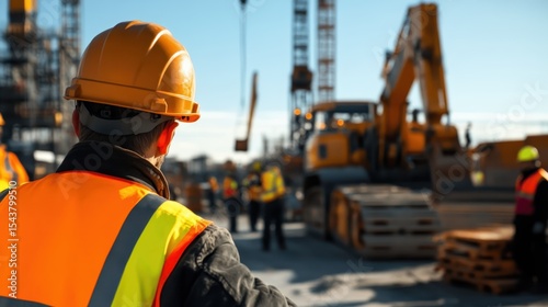 A construction worker in a safety helmet watches over a bustling industrial site, emphasizing the hard work and dedication involved in building projects and infrastructure.