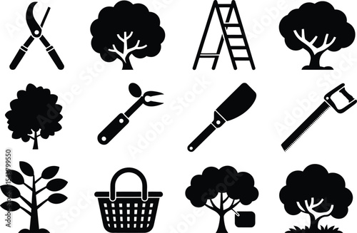 Various gardening and tree care tools and trees in black silhouette style