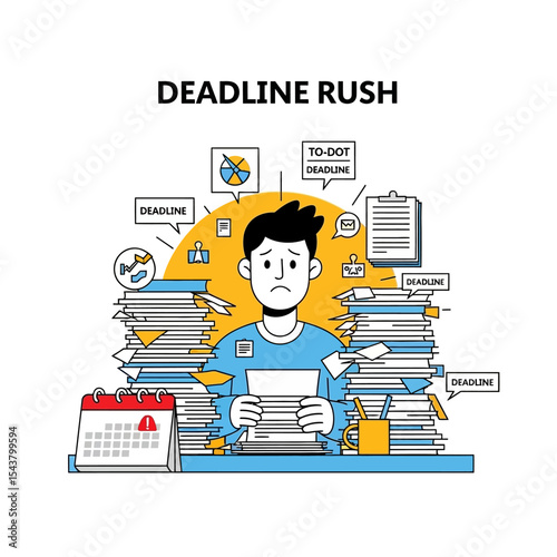 Deadline Overload – Stressed Office Worker Drowning in Paperwork and Tasks Vector Illustration
