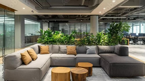 Modern office lounge area featuring a large sectional sofa and lush greenery.
