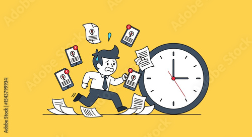 Businessman Rushing to Beat Deadline with Notifications and Clock