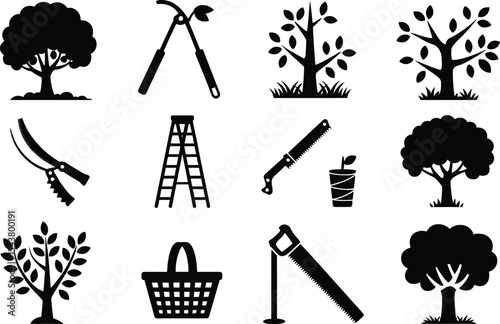 Black and white vector illustration of gardening and tree care equipment