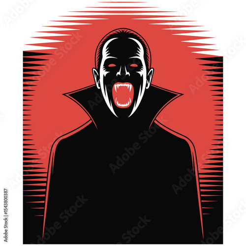 Silhouette of Dracula’s shadow on a wall with glowing red fangs in vector art