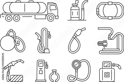 Line art illustration of various gas station and fuel related equipment