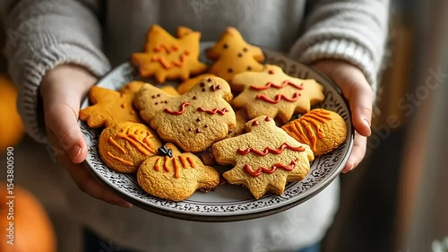 A person holding a plate of decorated, festive Halloween cookies.