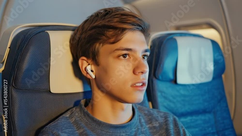 A young Caucasian male with brown hair sits in an airplane seat, wearing wireless earbuds. The cabin has blue lighting and a relaxed atmosphere.