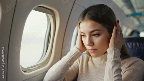 A young Caucasian woman with long brown hair sits in an airplane seat, covering her ears. She looks uncomfortable while gazing out the window.