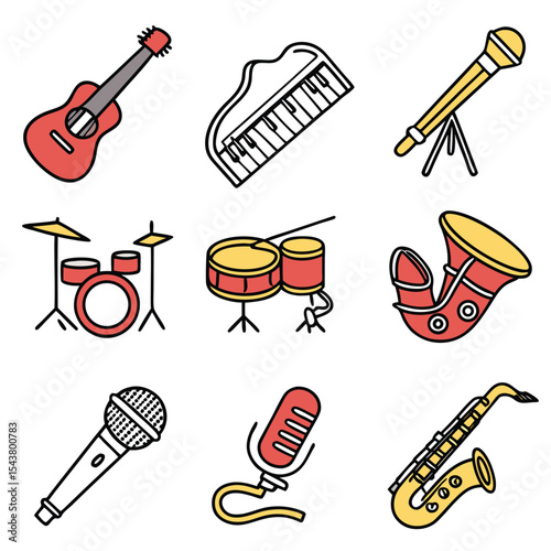Collection of musical instruments including guitar piano drums microphone and saxophone illustration