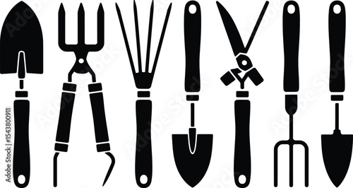 Black and white silhouette of various gardening tools arranged in a row