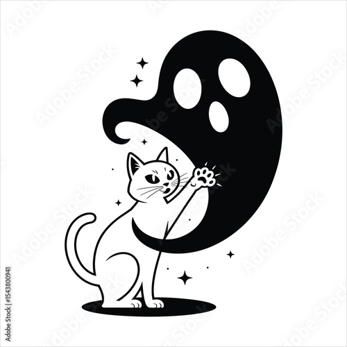 A black cat pawing at a floating ghost or spirit orb in black silhouette vector